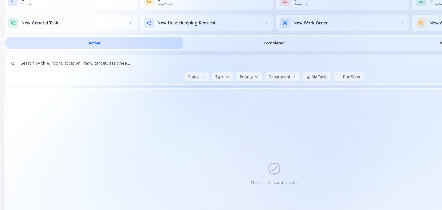 Muxow assignment workspace with search and filters for status, type, priority, department, owner, and due time