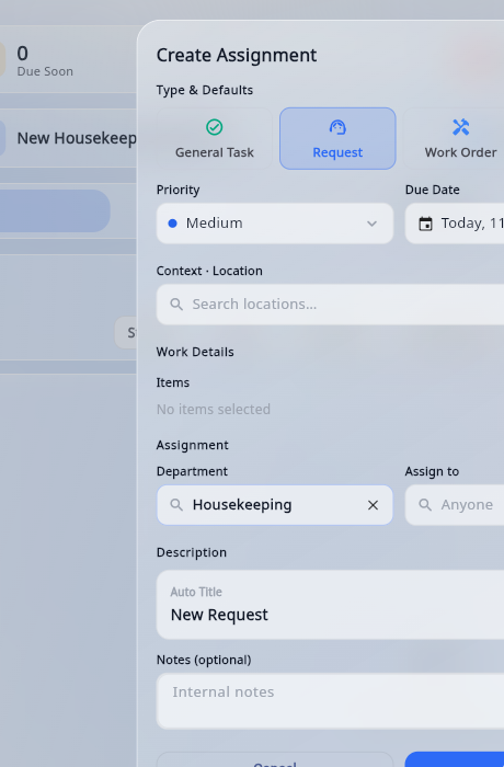 Muxow create assignment form with request type, priority, due date, location, department, owner, and notes fields