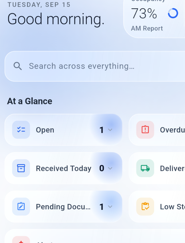 Muxow mobile hotel dashboard showing property search and at-a-glance operational status cards